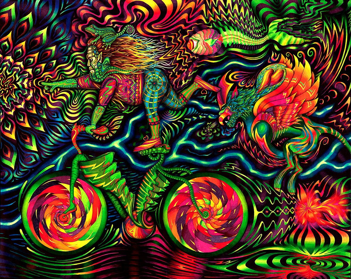 Bicycle fantasy animals cosmic energy psychedelic mythology dreams