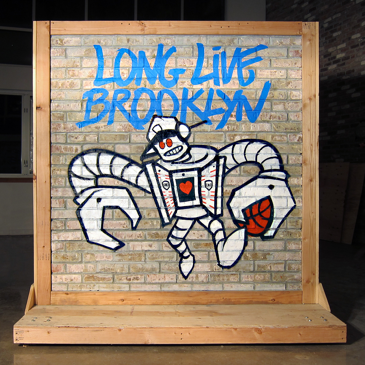 Mural Hand Painted lettering logo Character cartoon robot Brooklyn Brooklyn Nets speck blue black & white paint
