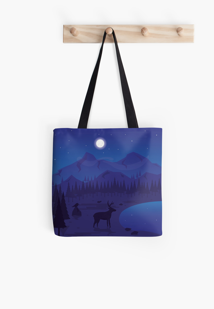 night Landscape deer lake bird forest blue ILLUSTRATION  RedBubble society6