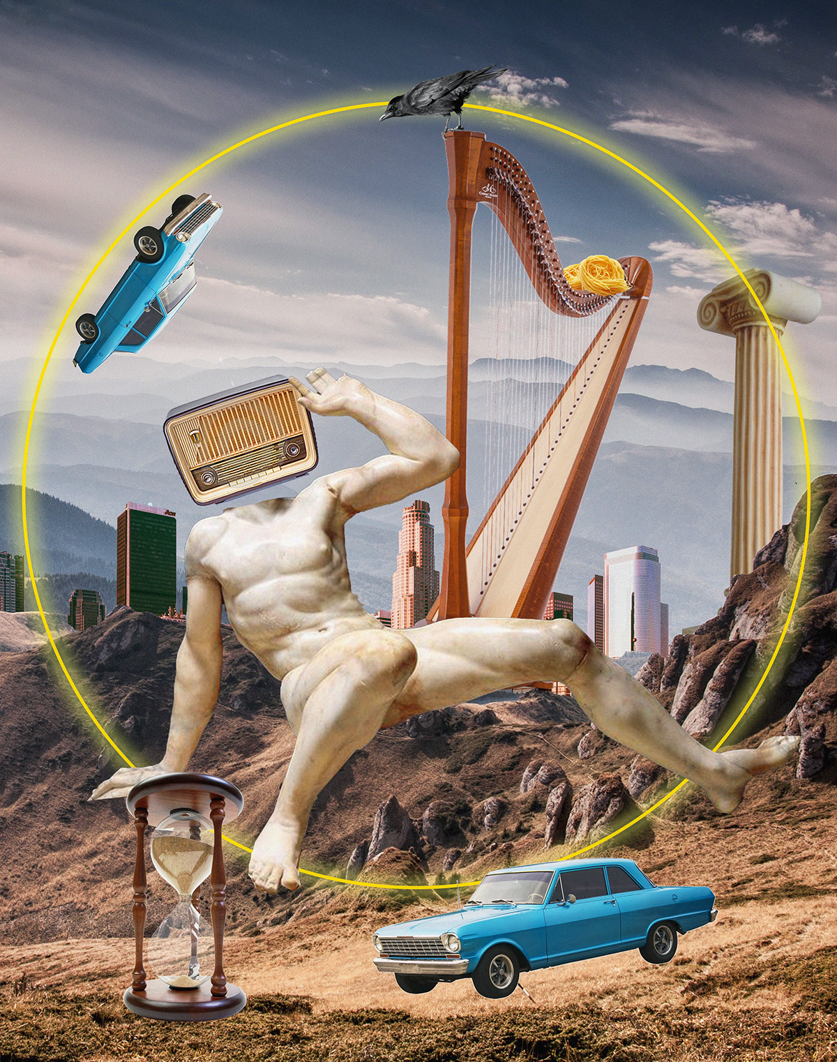 utopia spaghetti collage modern car Radio music harp greek city