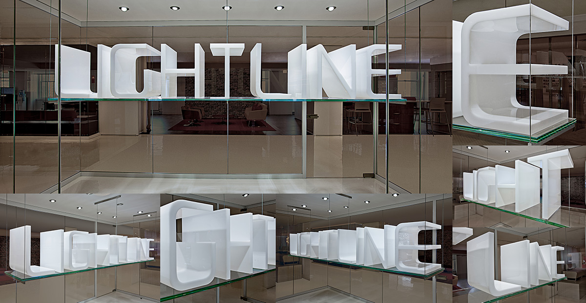 KI Furniture furniture 3D Type type environmental environmental design Interior showroom exhibit Space  White letters wayfinding walls glass