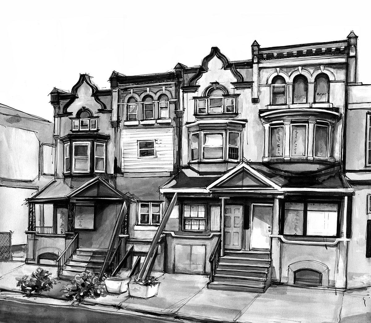Philly row home ink cityscape black White city Urban