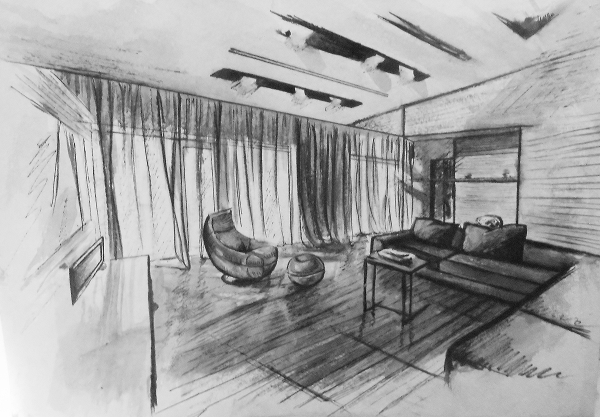 sketches The interior is bright and spacious living room beautiful fun cool loft roof loft bulbs cabinets curtains transparent natural eco green strange interesting drawing watercolor technique magazine cover customer sofa chair armchair ball easy flowing spot light draft Model