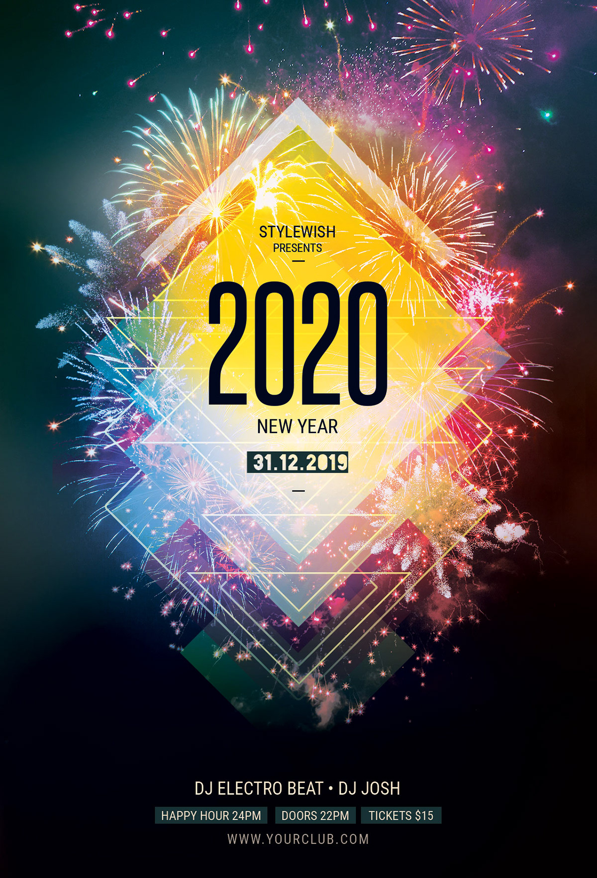 new year Nye poster flyer firework fireworks party template photoshop psd