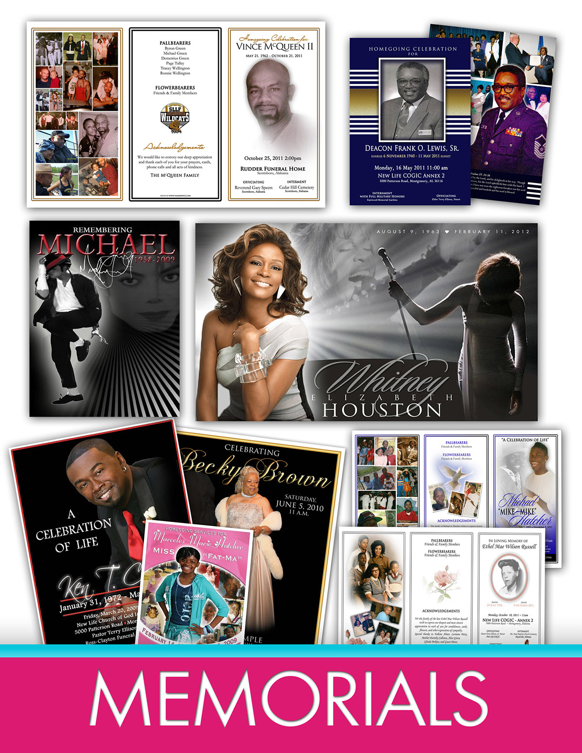 FMA Graphics  graphic design  fallone mcqueen  flyers  Magazines  Invitations  Websites  memorials design