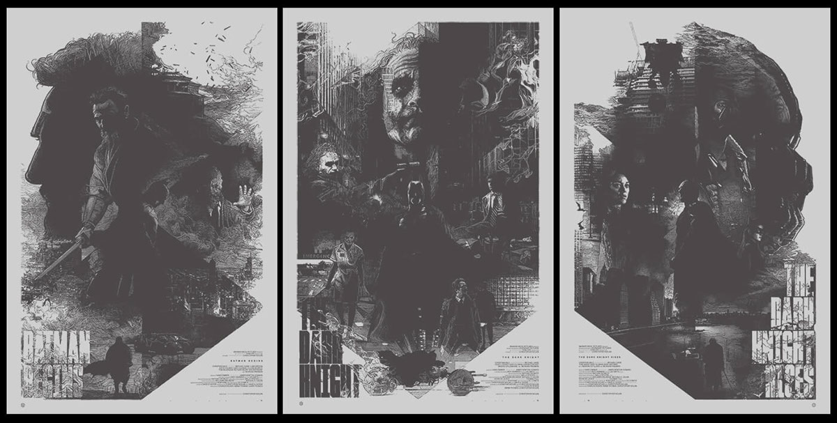 batman nolan screen print poster StudioKxx trilogy black & white batman begins THE DARK KNIGHT The Dark Knight Rise