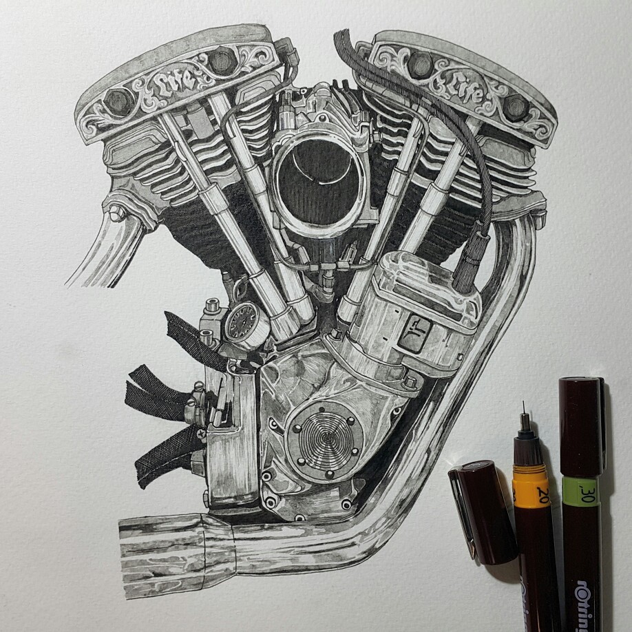 motorcycle harleydavidson Shovelhead engine vintage Classic Custom art Drawing  rotling