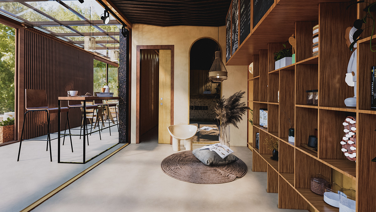 3d render biophilic cafe interior design  visualization