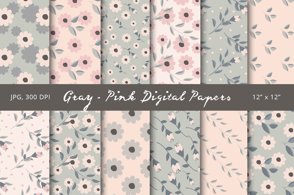 digital paper floral pattern floral background gray pink flower pattern flower background Stationery floral print decorating wrapping