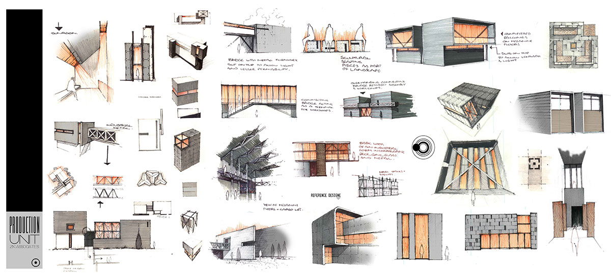 Multiplex industrial arch Proposal design illustrate commercial social concrete sketching