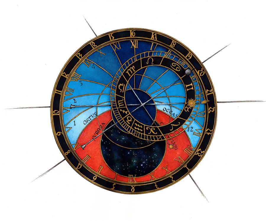 astronomical clock clock Ancient science time mixed media prague medieval geometric