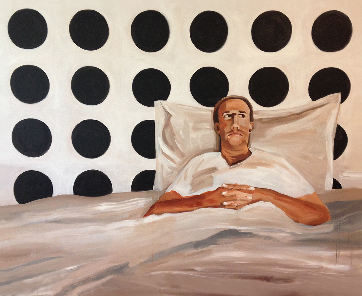 man bed bedroom polka dots black and white