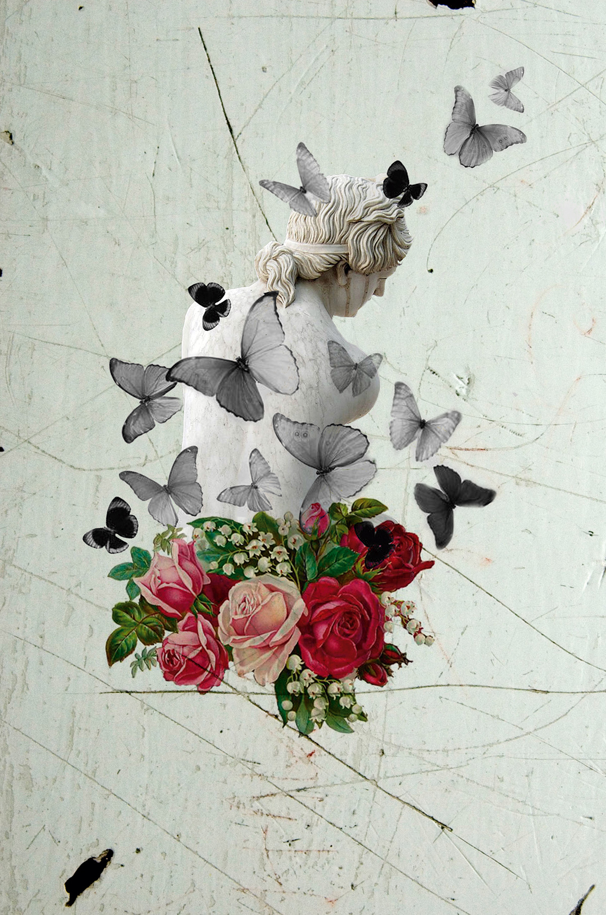 metamorfosis Metamorphosis collage digital estatua Rosas mariposas butterfly