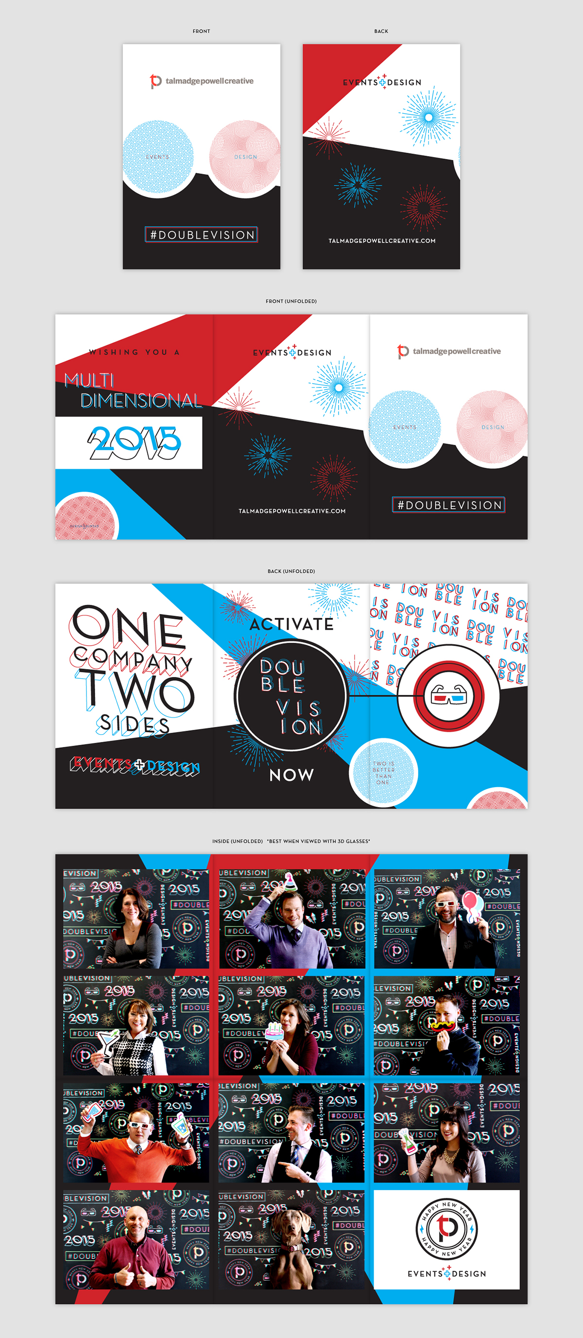 Holiday new years 3D 3D glasses double vision team creative promo blue red promo package Chalkboard pattern new year