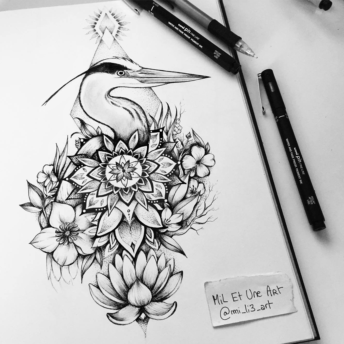 bird tattoo mil et une pen and ink Lotus Flowers Nature hippie dotwork