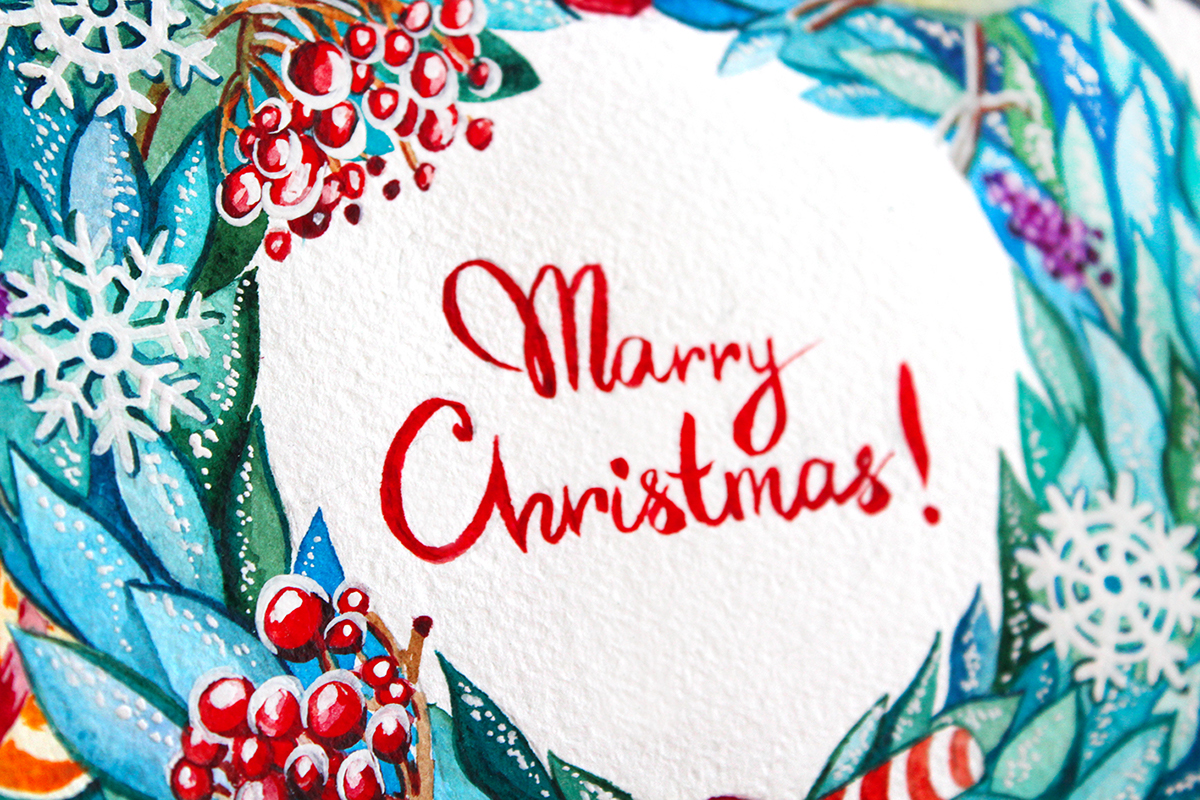 Рождество Новый год новогодний венок синичка калина акварель Christmas wreath watercolor gouache viburnum ulyana zolotukhina