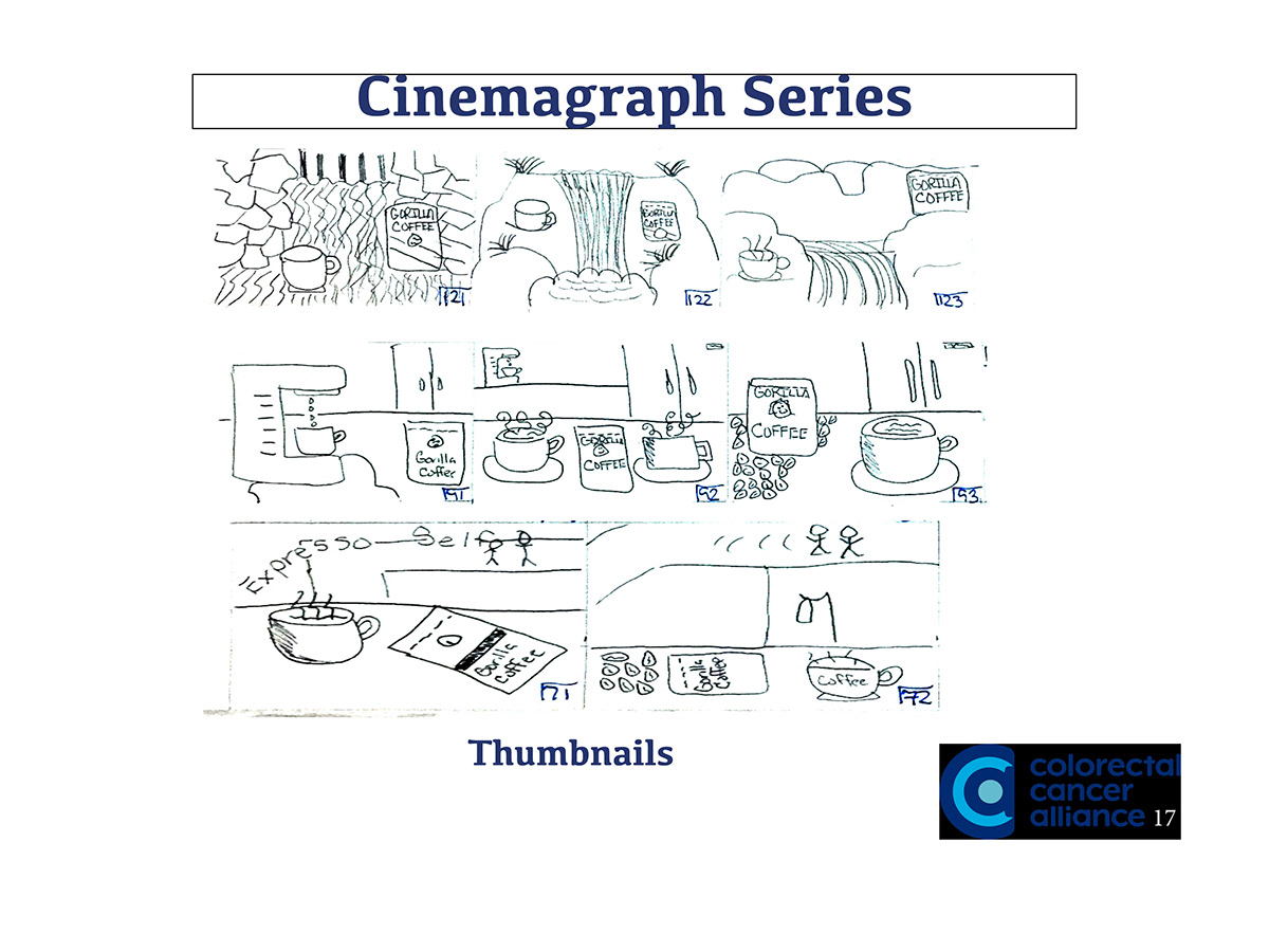 Thumbnails showing the beginning ideas for the final choices in my cinema graphs.