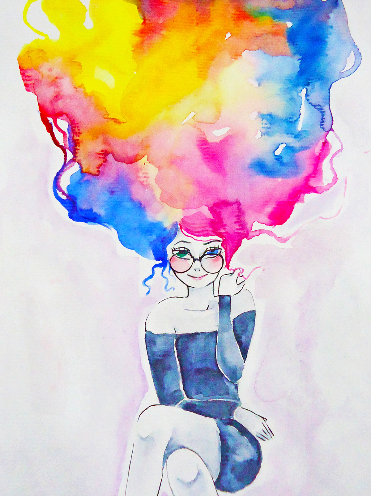 watercolor water color pigment colorful hair glasses Character girlpower rainbow