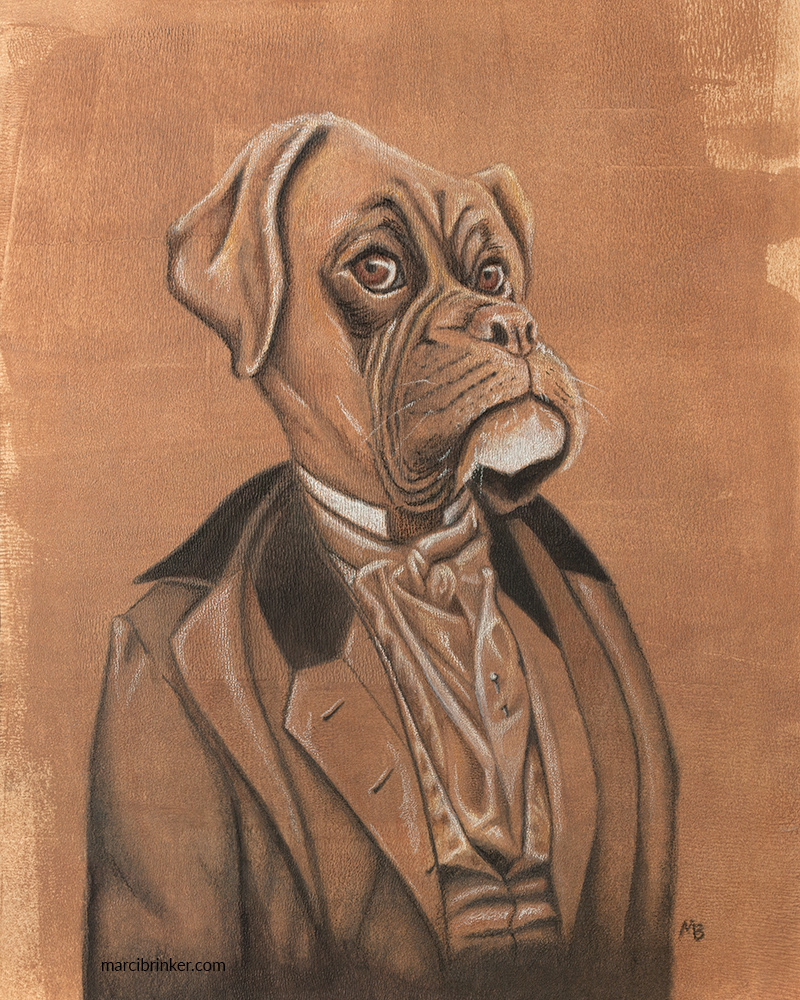 animal art boxer dog dog portrait fantasy illustration vintage style whimsical art