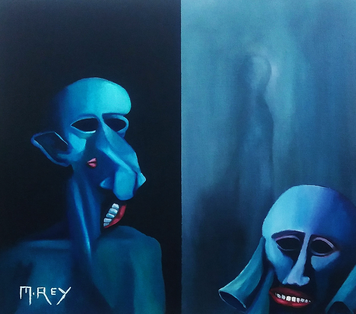 two skull like forms against dark blue background