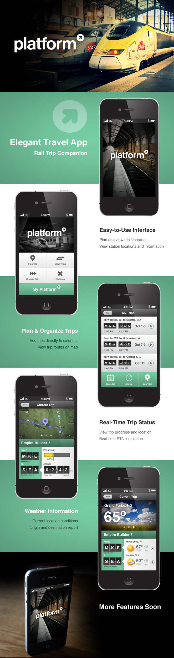 Platform Travel app application iphone mobile android design train rail railway railroad