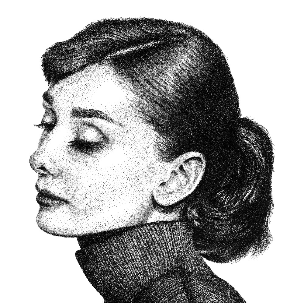 Audrey Hepburn ink on paper stippling ink black and white Pointillism dots dotwork portrait Pop Art fashion icon