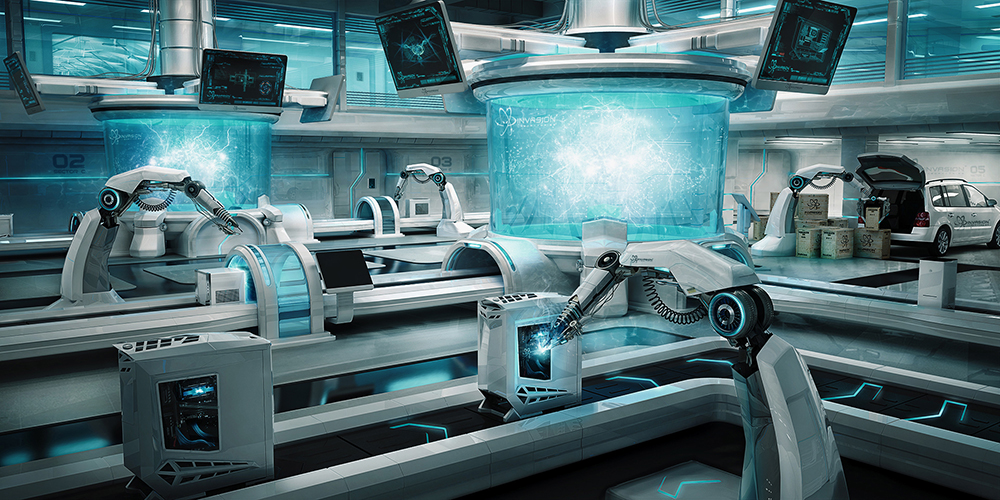 Scifi future laboratory robot Scientist department manufactory Cyborg blue Production Creative Retouching retouch 3D V-ray sci-fi