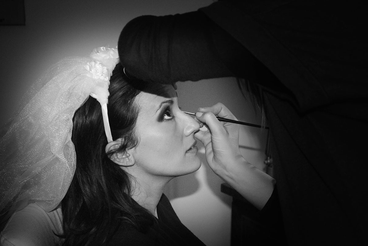 wedding bride groom witnesses makeup artist devil bridal veil makeup party brushes