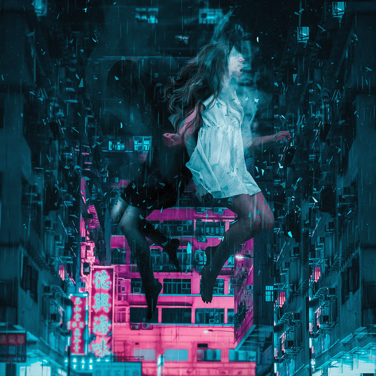 city cityscape cyperpunk duality float floating lights neon surreal women