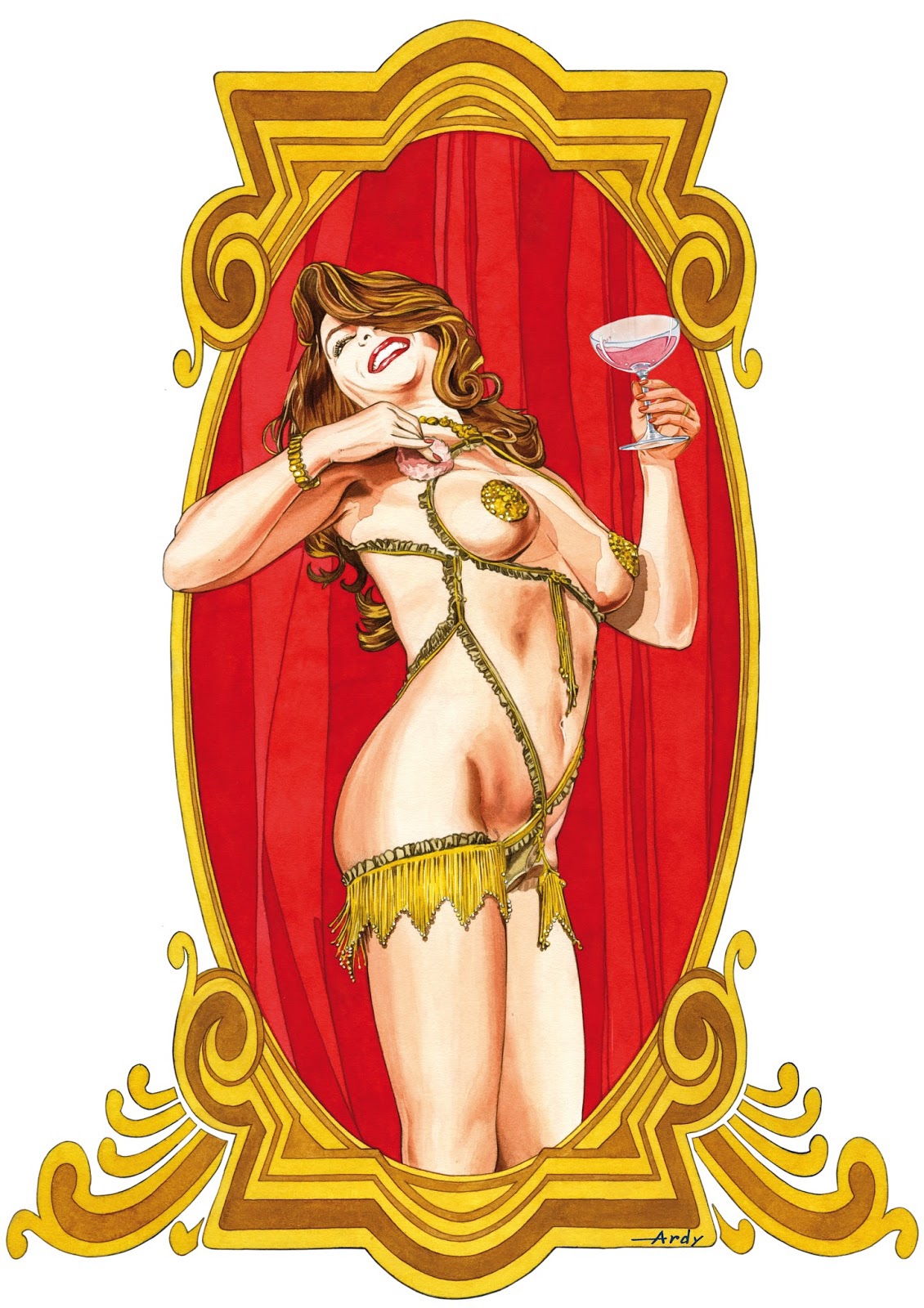 Burlesque sexy pasties verre Champagne gold watercolor Liberty art nouveau