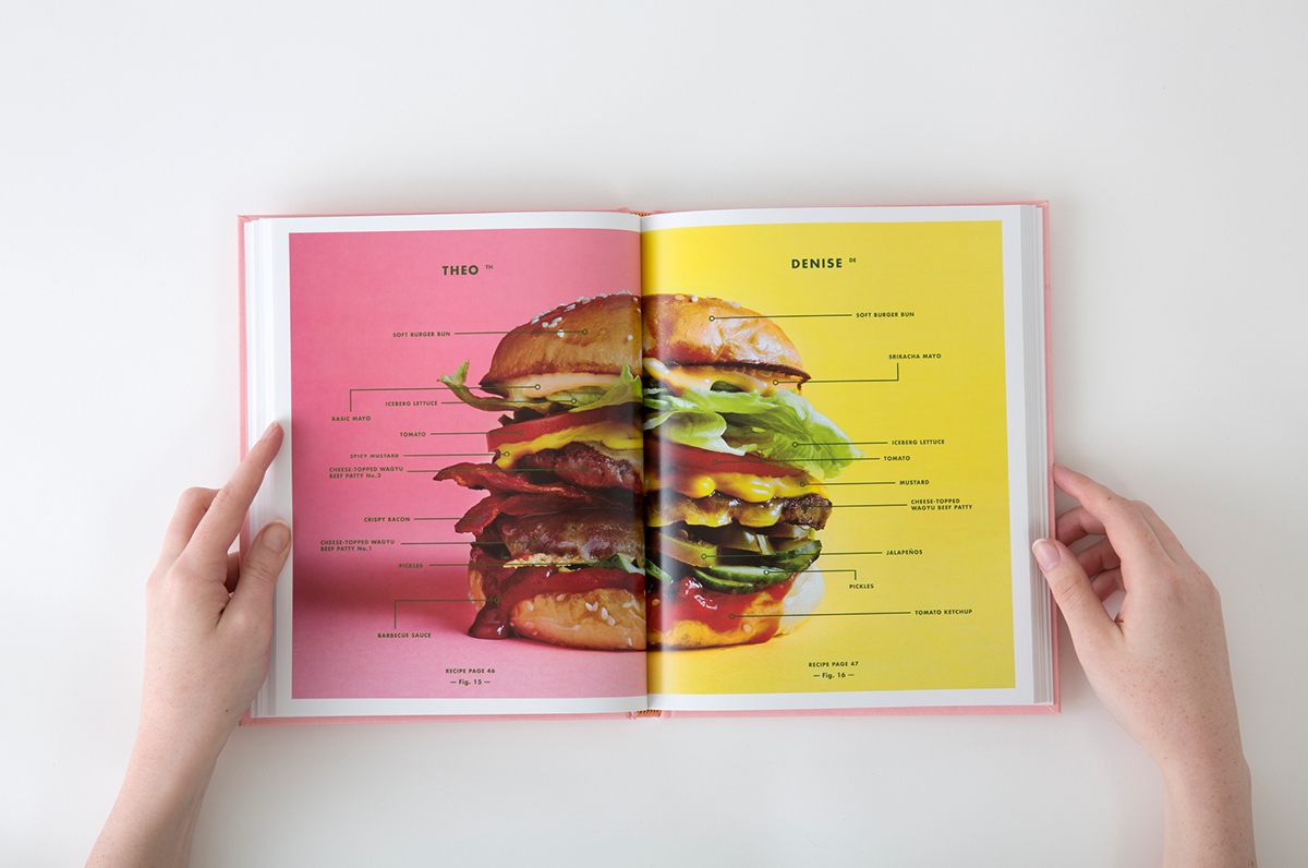 book design Layout sketches HAMBURGERS Cook Book recipe book Cosby sweater Lab Coats pop up colourful photography diagram illustration  food photography sketch Tip In sticker