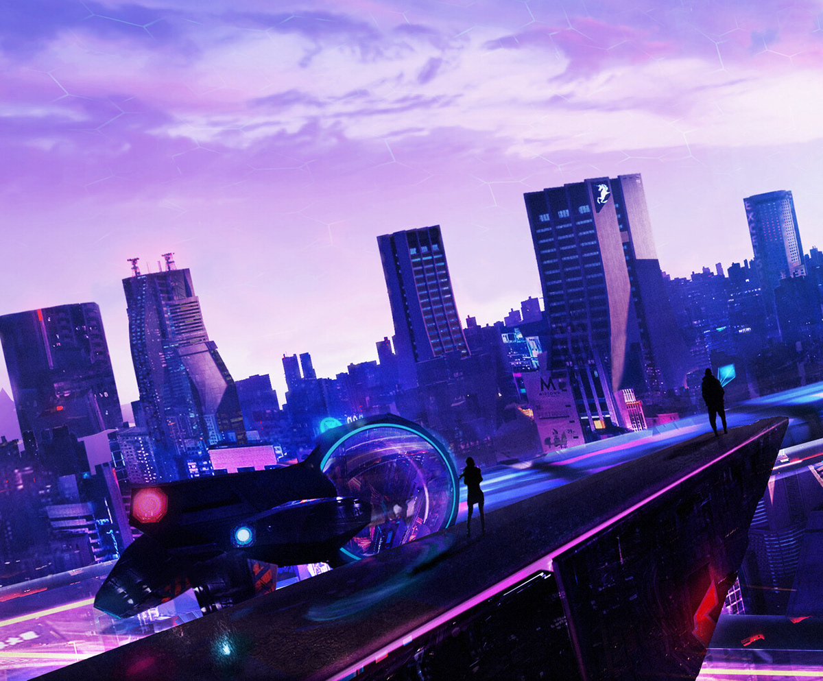 Scifi Cyberpunk Render CG futuristic mecha postproduction Aerial city night