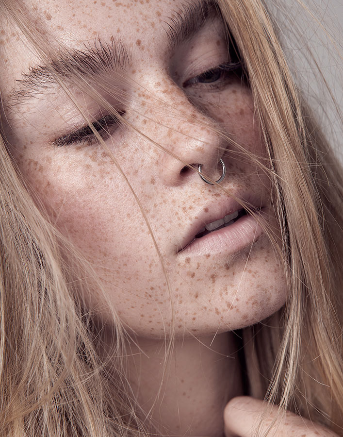 female beauty editorial freckles blond hair makeup
