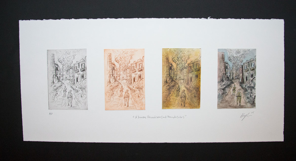 Adobe Portfolio print printmaking bookmaking series War intaglio watercolor lithograph figure book