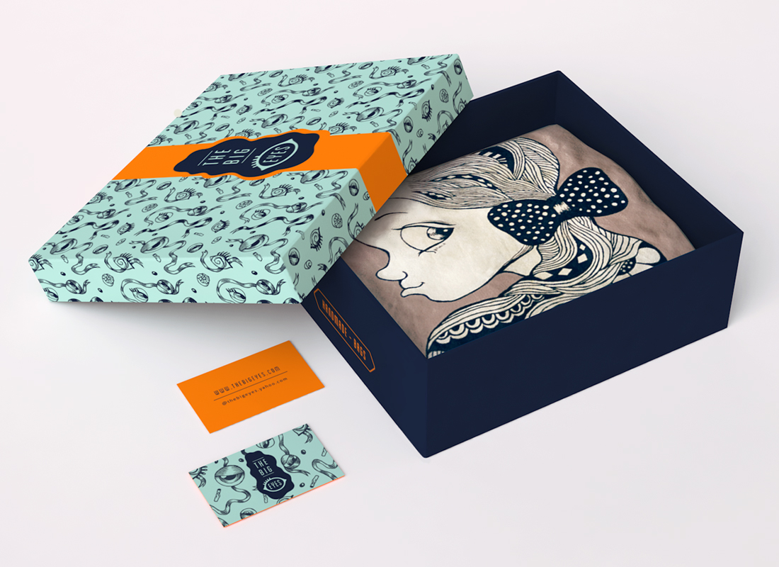 Handmae shop creative green gift voucher bags scarves art print orange eyes pattern joyful business card