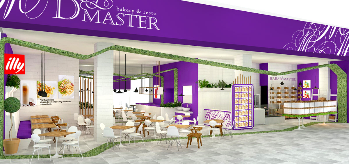 Interior furniture restaurant commercial purple contemporary grass plants bakery White cafe SketchUP paint laminate wooden