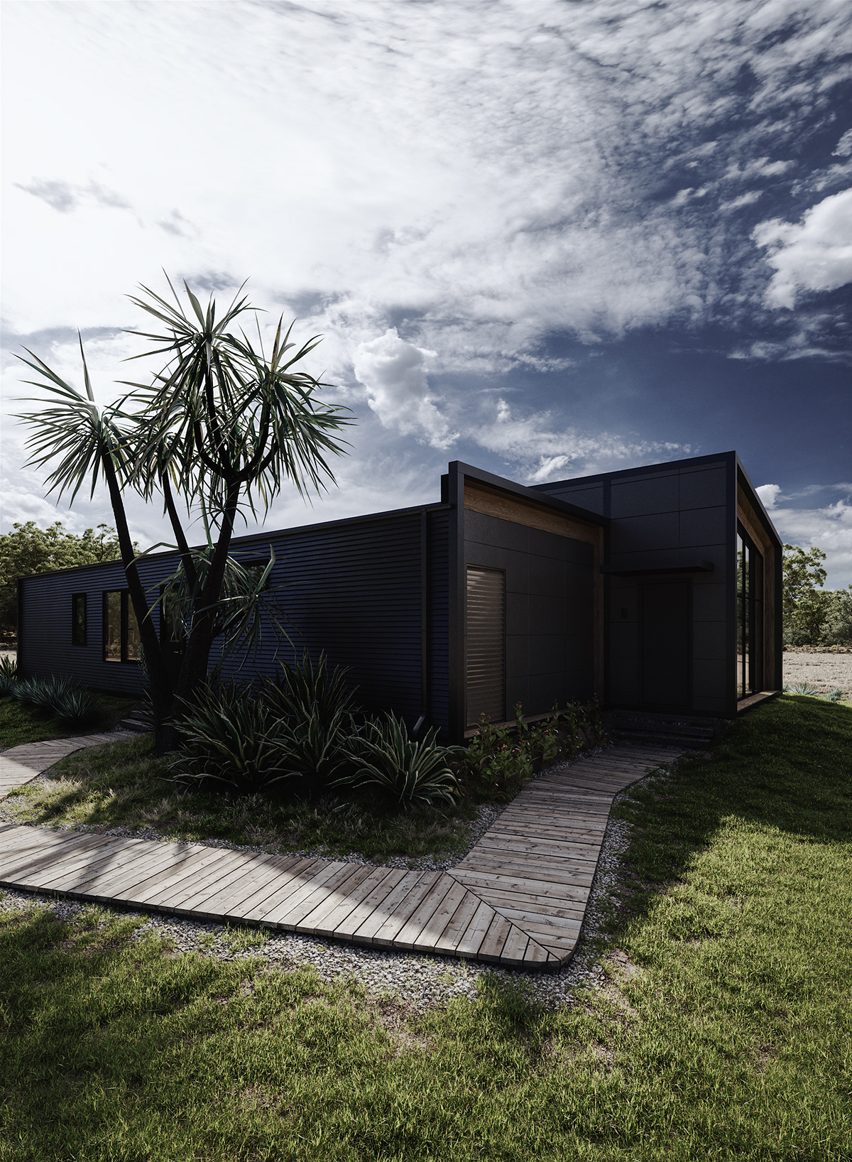 architecture archviz Australia CGI exterior house Landscape metal modular Savannah