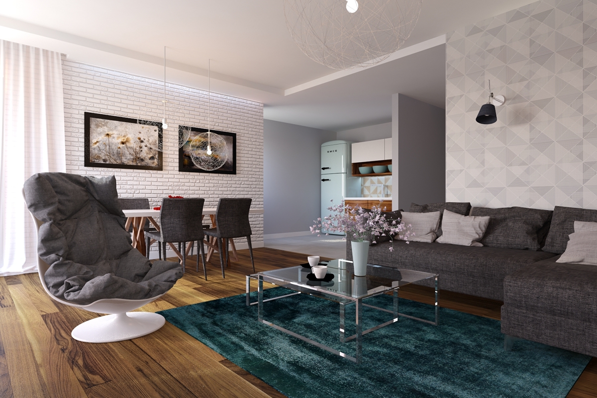 living room Scandinavian style salon dom prywatny Open Space kominek