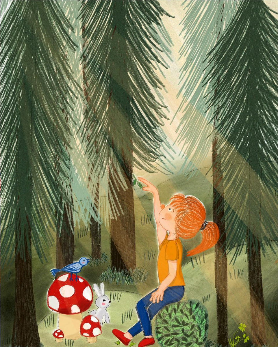 children book illustration kid forest winter snow Cat friendship secret garden