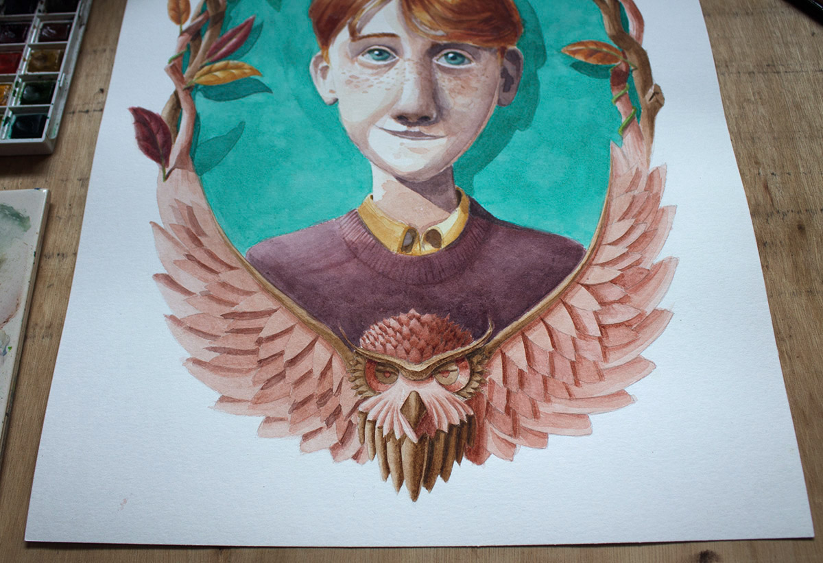 Adobe Portfolio Ron Weasley harry potter owl frame tree branches watercolor a3 aguarela retrato portrait happiness