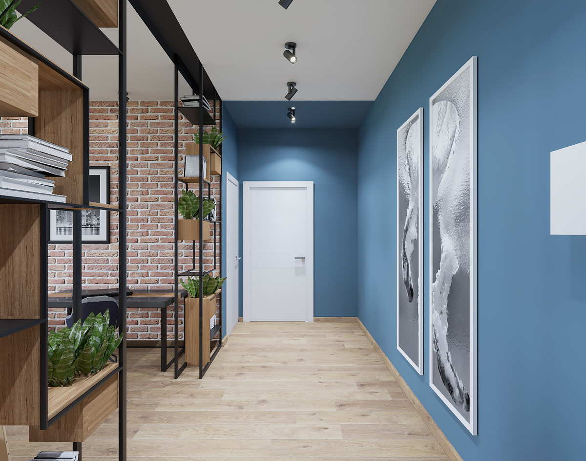 кирпич лофт минимализм современный синий спальня кухня ванная коридор стеллаж