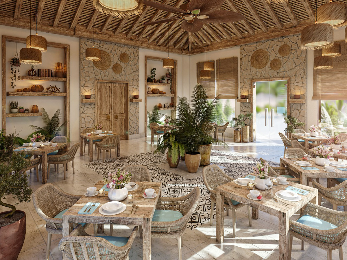 bohemian bohochic hotel interior design  Render resort restaurant visualization wood