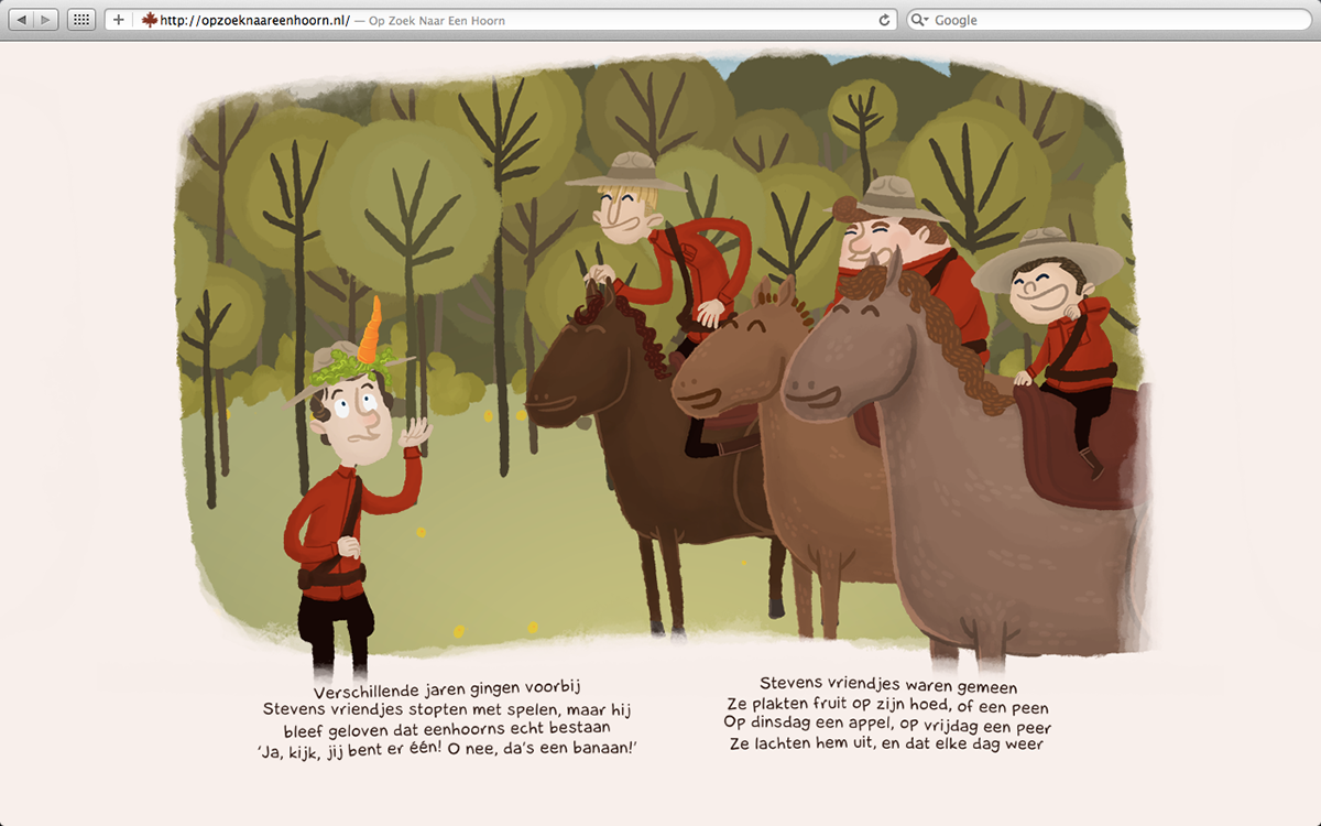 parallax Website unicorn eenhoorn mounty Canada Scrolling children's book Horn rainbow story