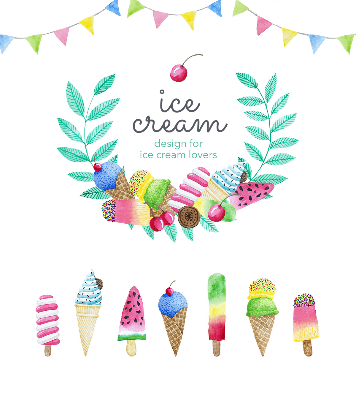 ILLUSTRATION  watercolor ice cream design pattern Ice Cream PAttern postcard