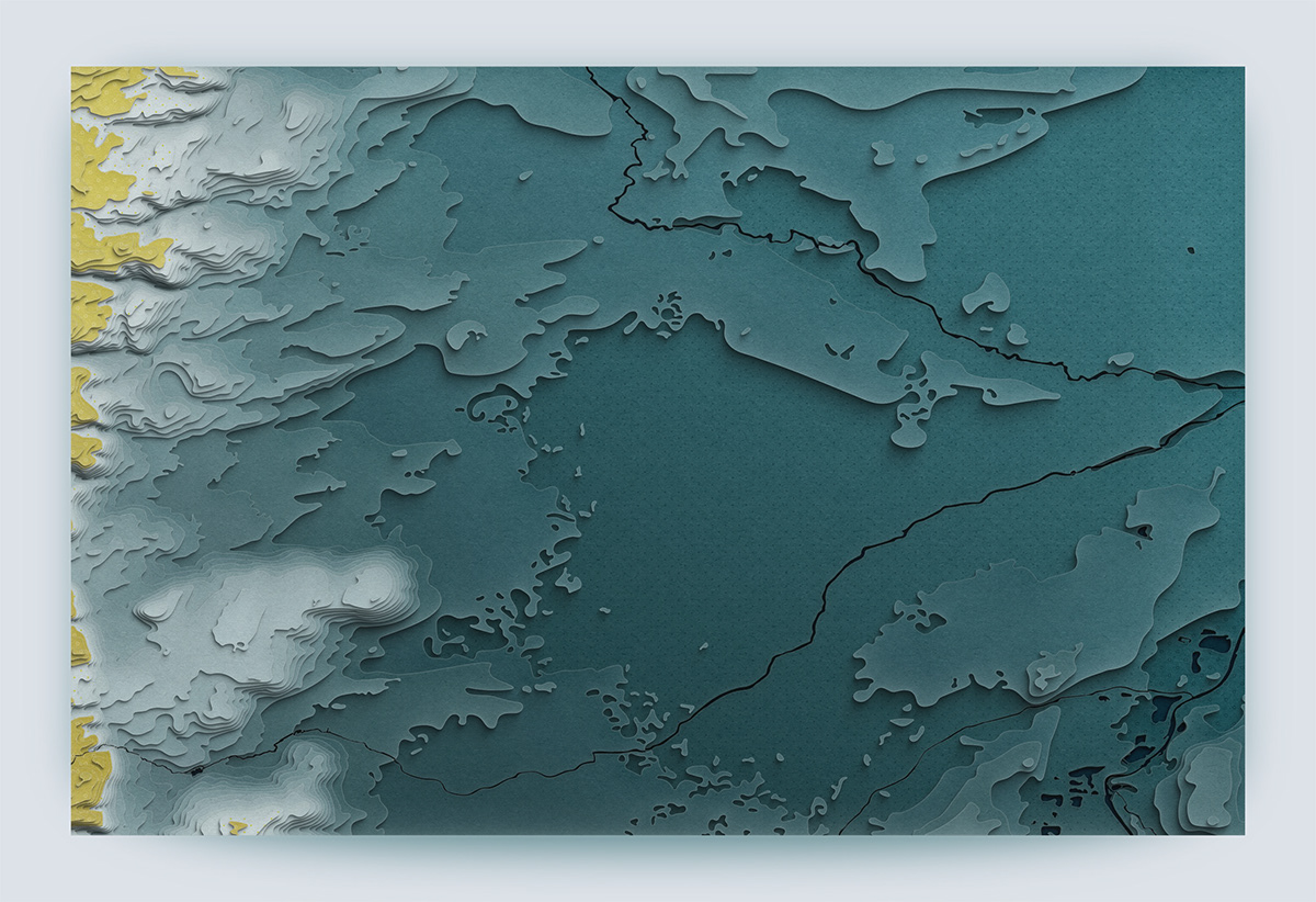 Lighting of the topographic map data visualization with paper cut style, (Photoshop and Illustrator)