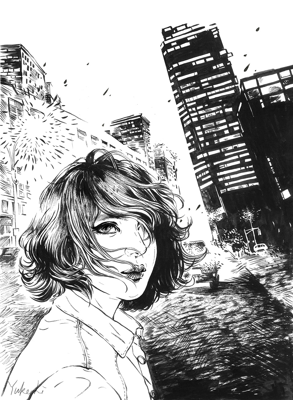 ink watercolor nyc Fashion  city girl black and white comic