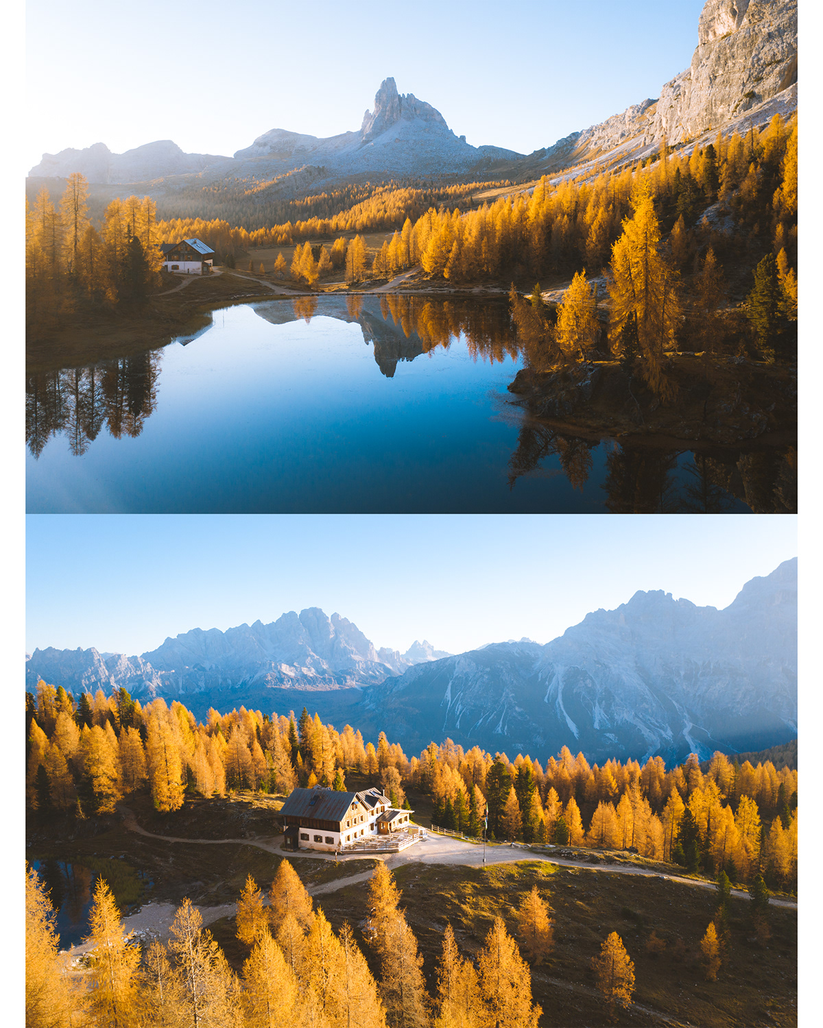 larch autumn dolomites Italy alps mountains drone Landscape forest lake