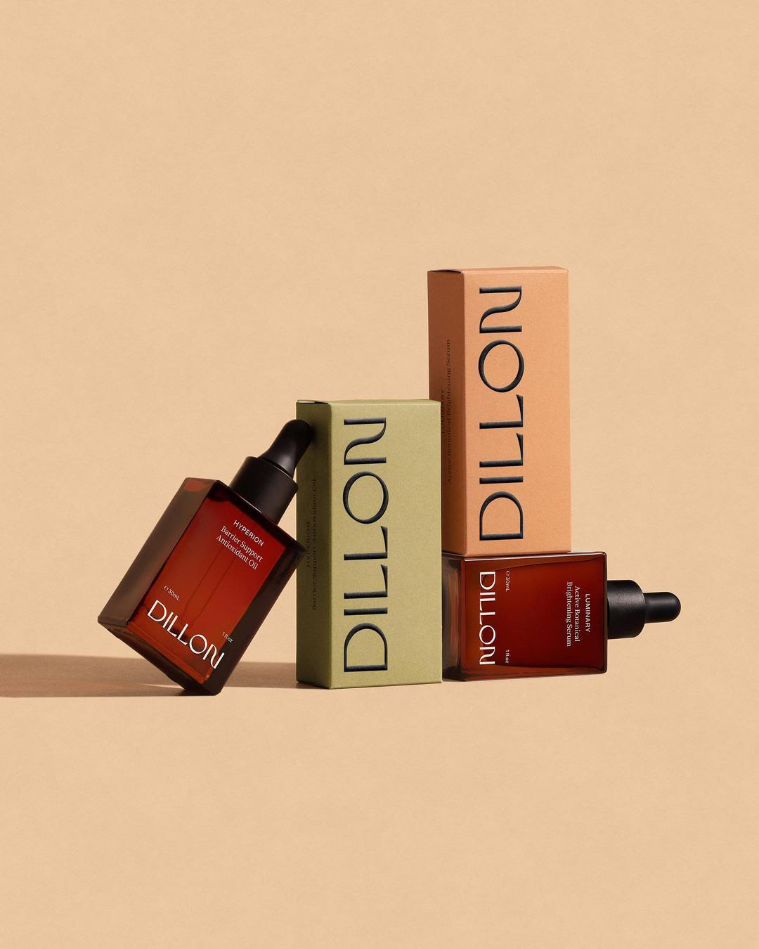 Dillon skincare products lean against Dillon skincare product boxes by porter packaging