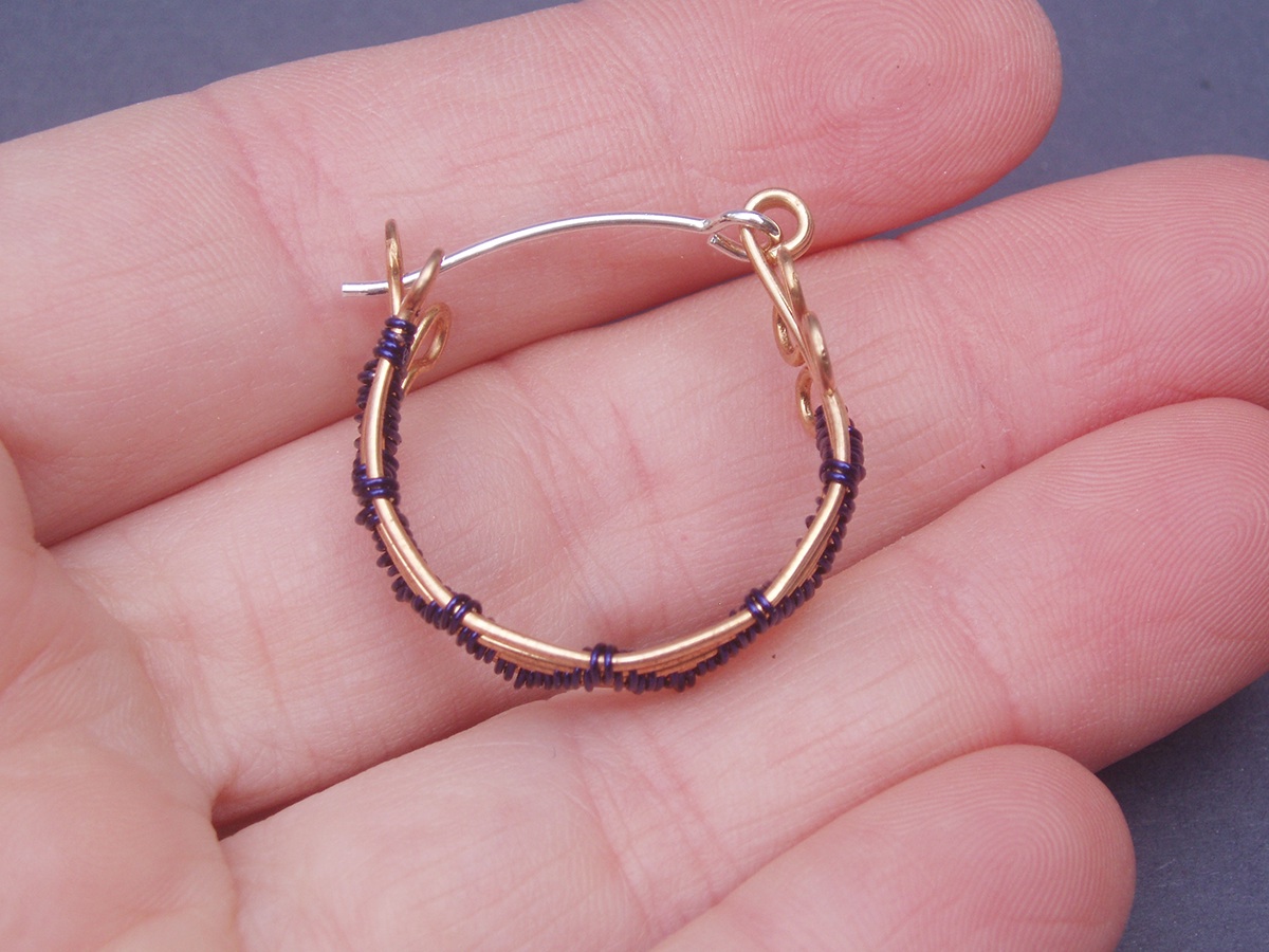 Hoop Earrings Woven Wire wire wrapped bronze navy blue Chevron geometric zig zag