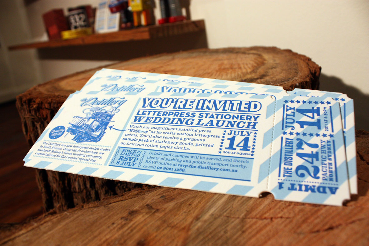 Invitation  Ticket letterpress  distillery wedding launch Retro vintage printing press impression perforated